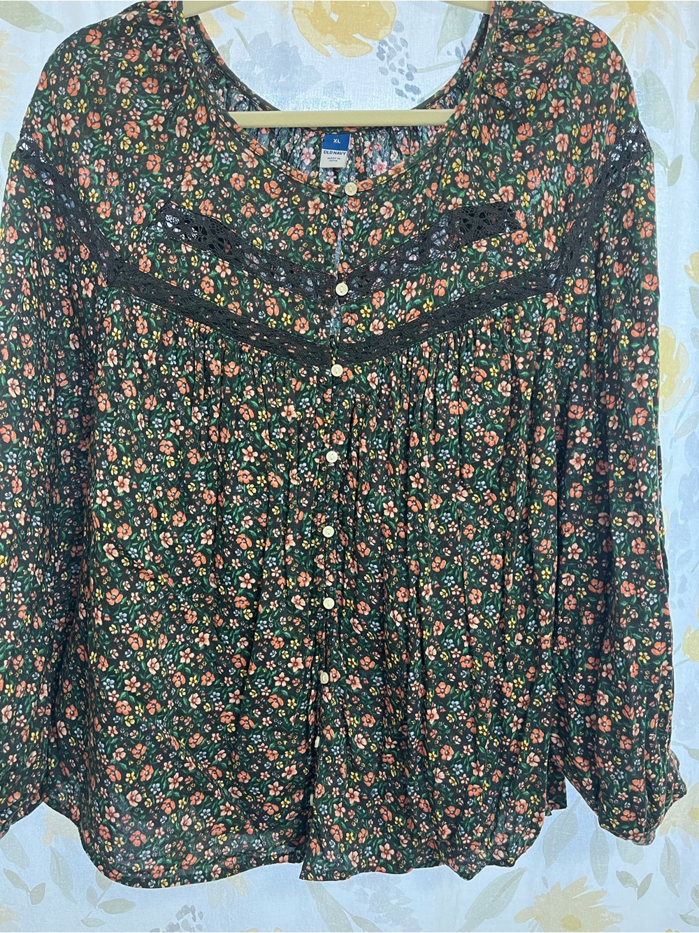 Old Navy Black Floral Button-Front Blouse with Peach Accents